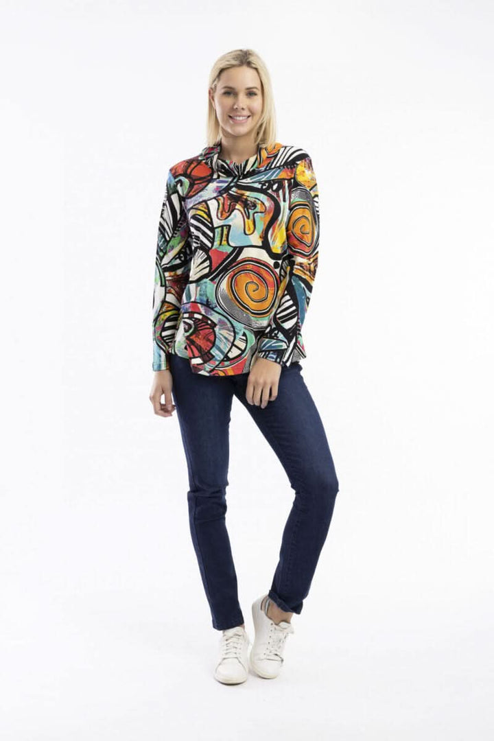 Abstract print draped collar sweater