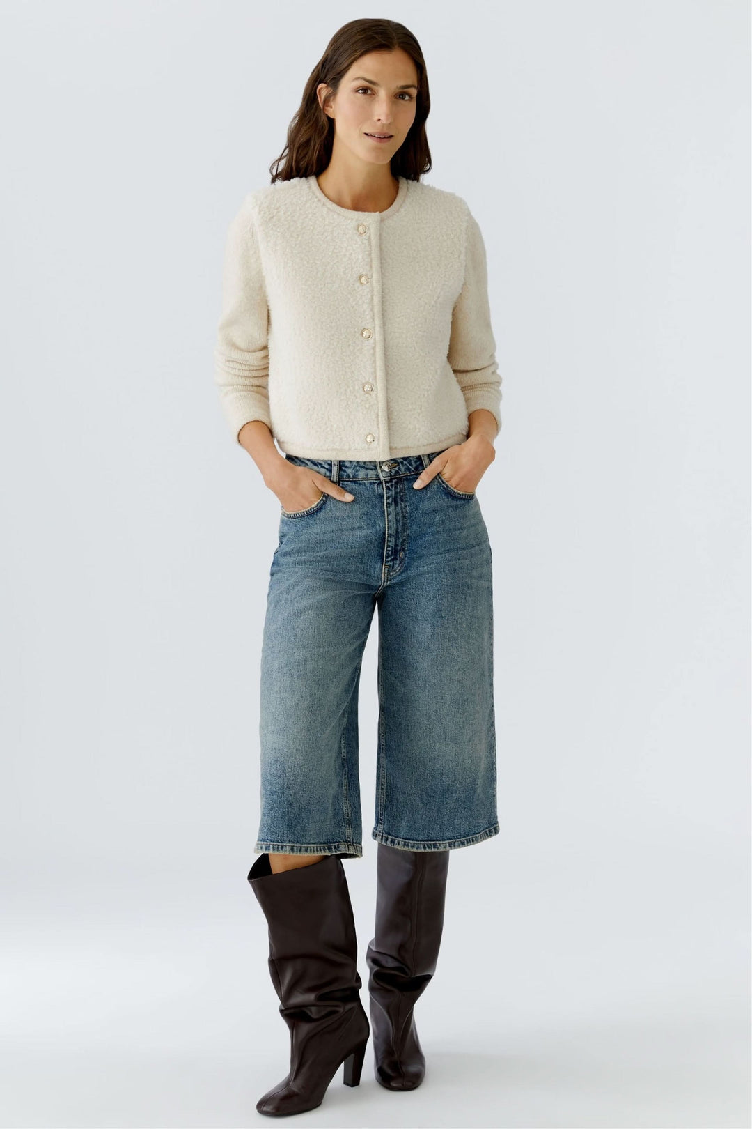 Short cardigan with bouclé effect, gold buttons