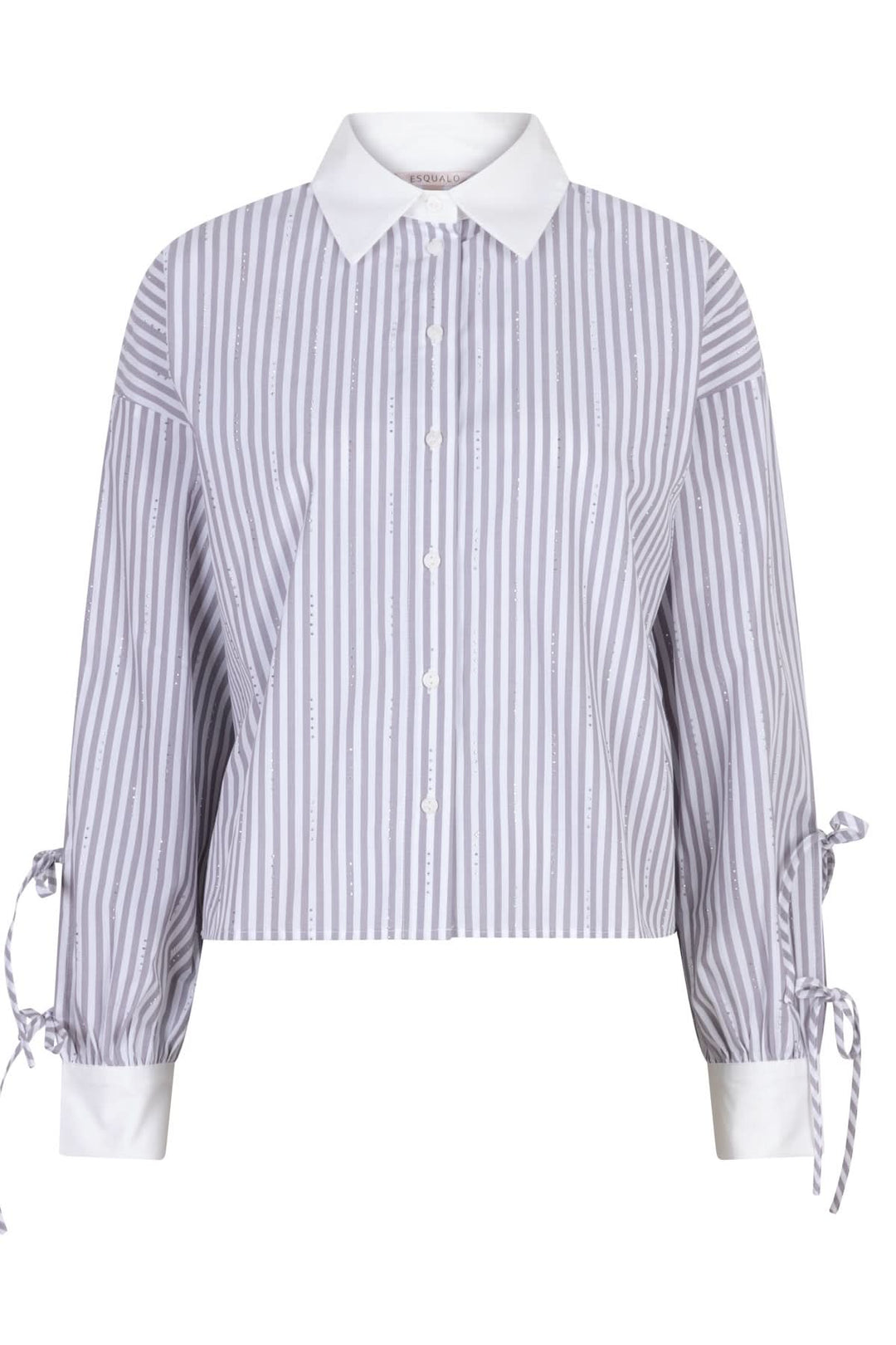 Chemise rayée à manches longues avec nœuds, col blanc, coupe raccourcie et détails colorés.