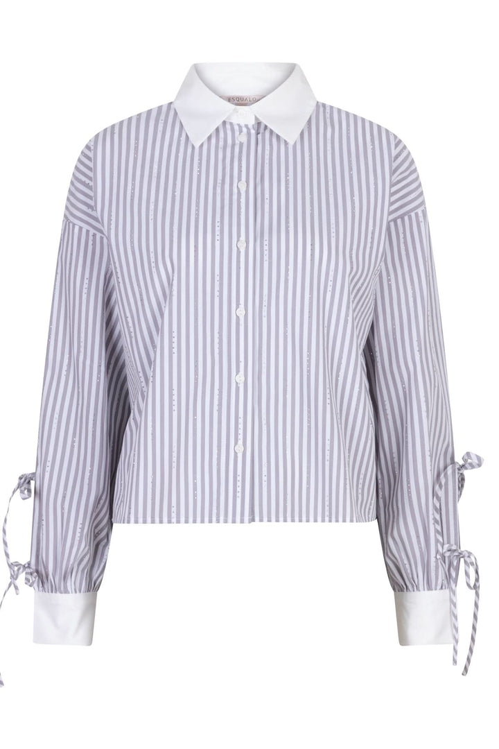 Chemise rayée à manches longues avec nœuds, col blanc, coupe raccourcie et détails colorés.