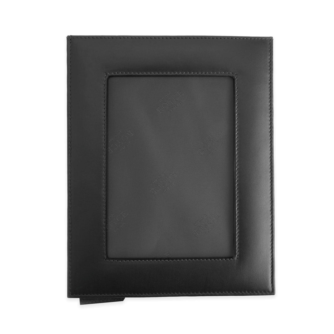 5x7 black leather picture frame with drop-down door, perfect for personalized gifting and displaying cherished memories.