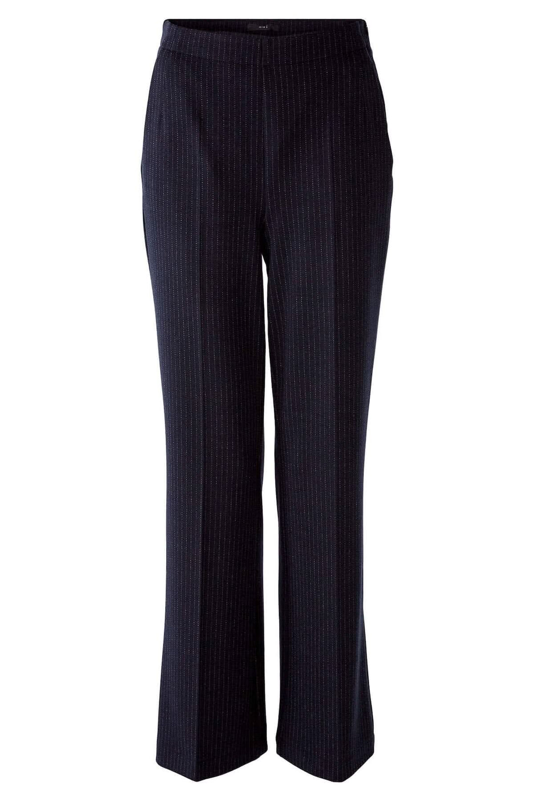 Pantalon droit à fines rayures gris marine, élégance intemporelle et style contemporain.