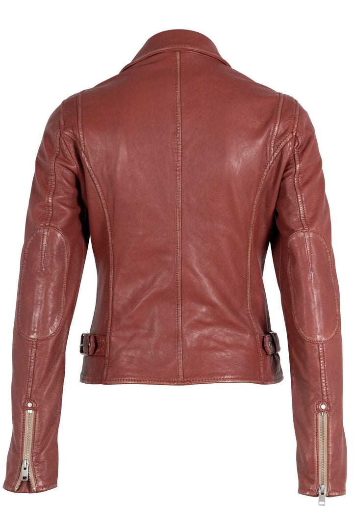 Veste en cuir Sofia, style moto classique, vue arrière, couleur marron, parfaite pour un look chic et décontracté.