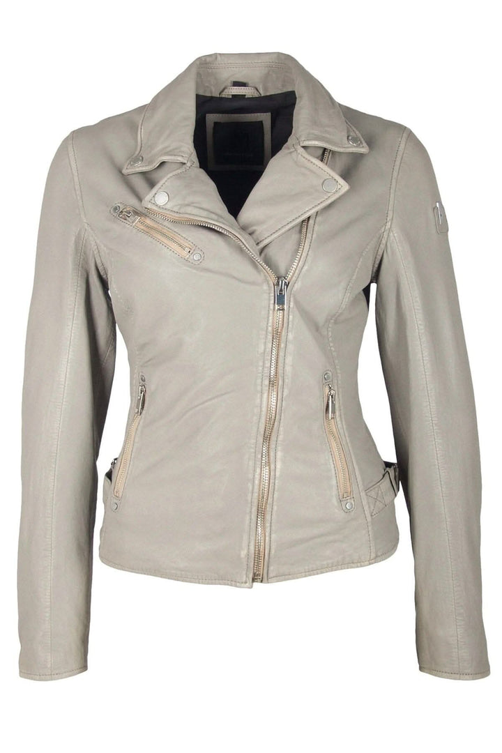Veste en cuir Sofia couleur beige, style moto avec poches intérieures, idéale pour des occasions variées.