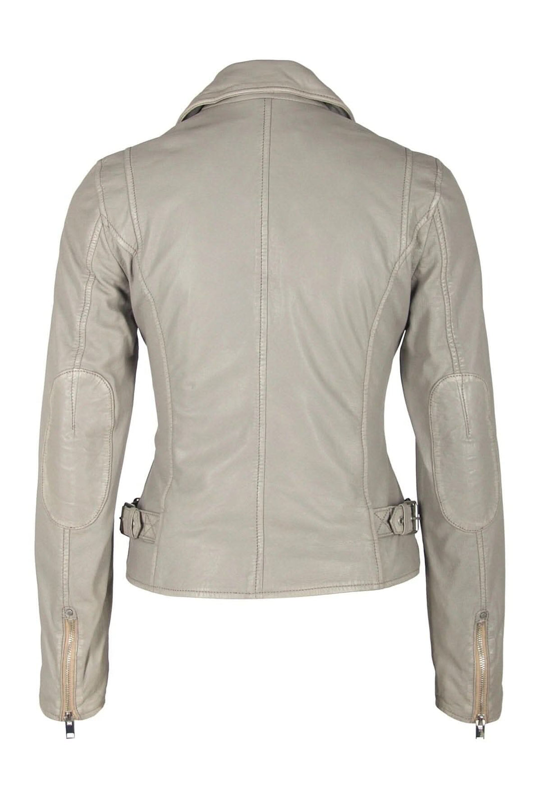 Veste en cuir Sofia vue arrière, style moto classique avec détails soignés et poches intérieures.