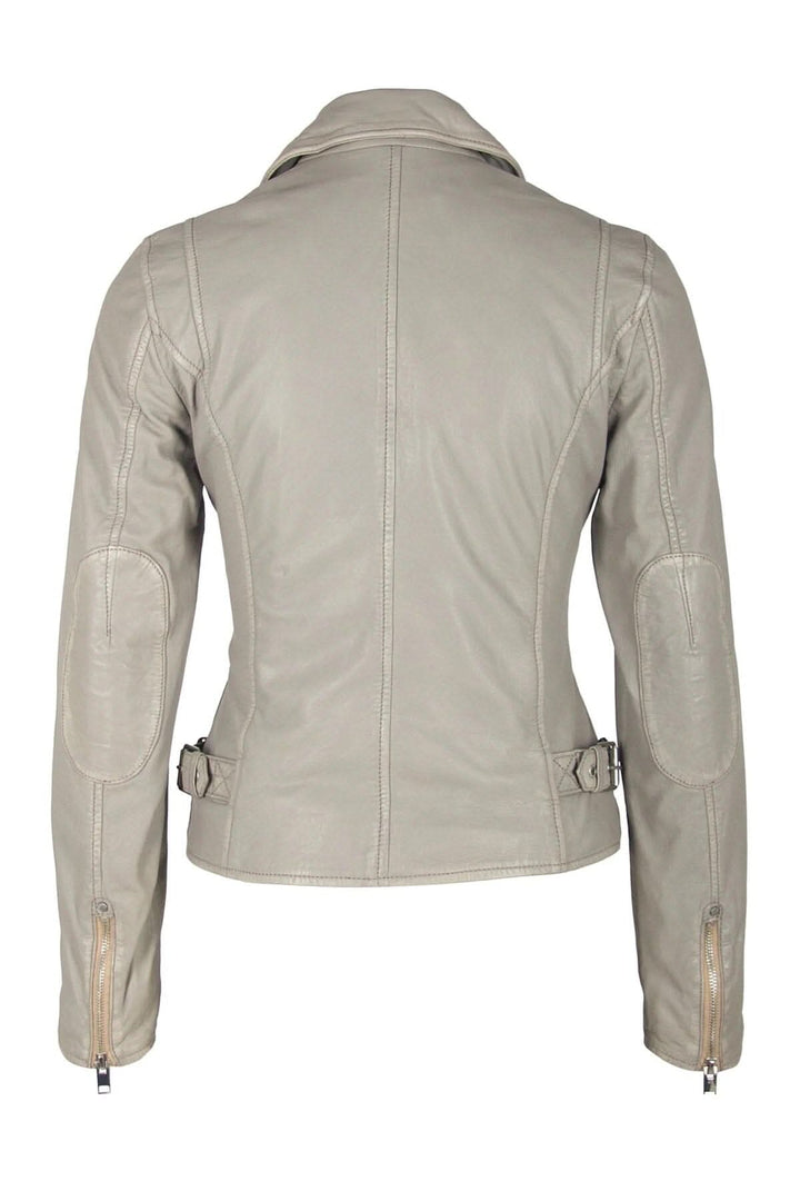 Veste en cuir Sofia vue arrière, style moto classique avec détails soignés et poches intérieures.