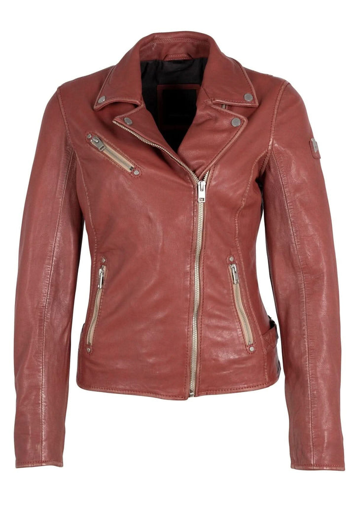 Veste en cuir Sofia de style moto, couleur rouge, avec poches zippées et finition élégante.