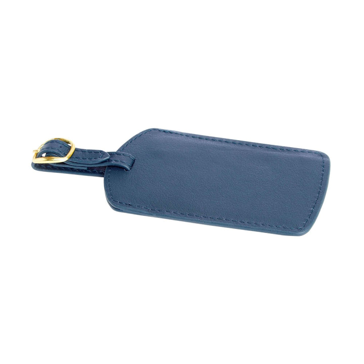 Handcrafted blue leather luggage tag with gold tone hardware and adjustable strap for stylish travel.