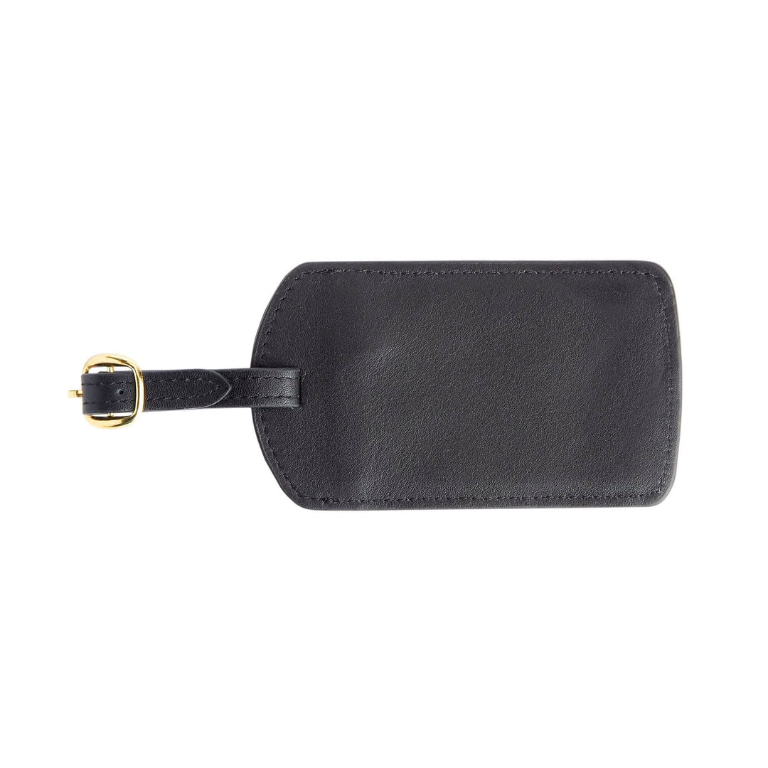 Handcrafted leather luggage tag in black with gold tone hardware and adjustable strap for personalized travel.