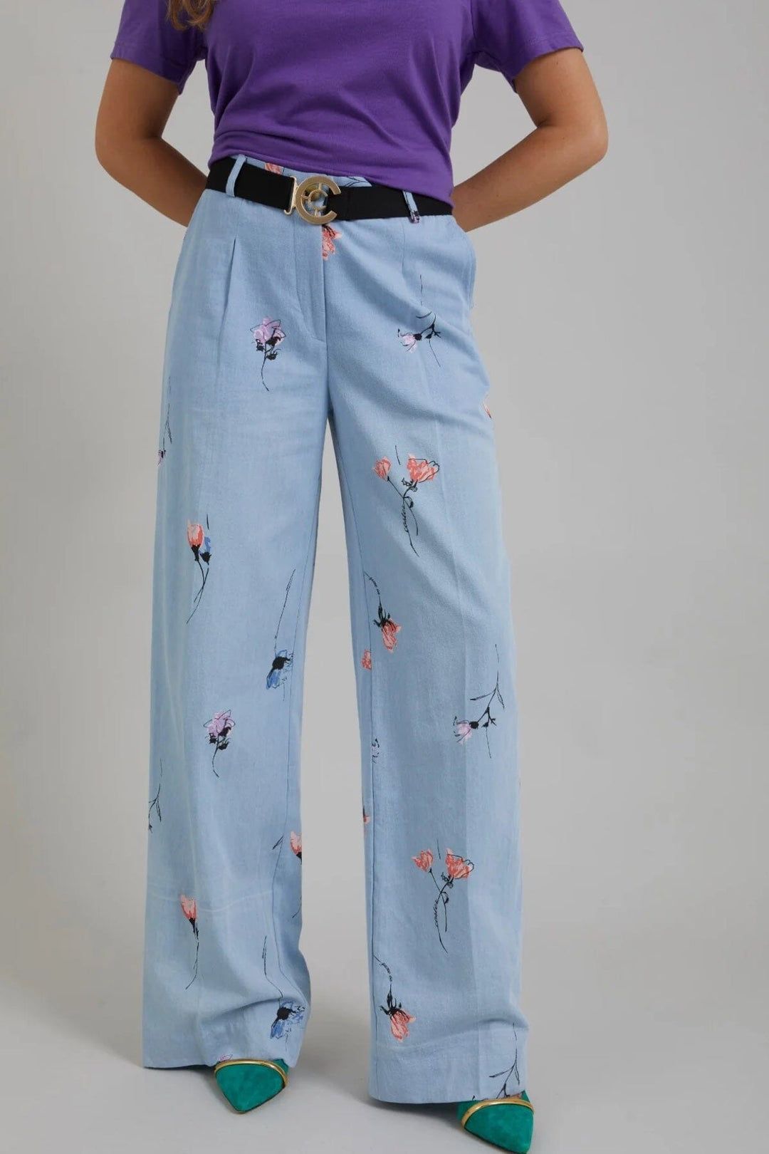 Pantalon large avec imprimé floral en denim coster 32 BLEU 