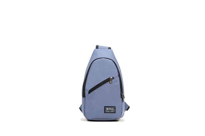 PKG Elora Recycled Cross Body in blue, made from waterproof recycled materials, featuring multiple pockets and padded strap.