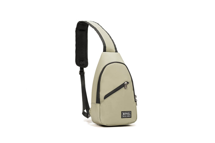 PKG Elora recycled crossbody bag in light green, waterproof material, with padded strap and multiple pockets.