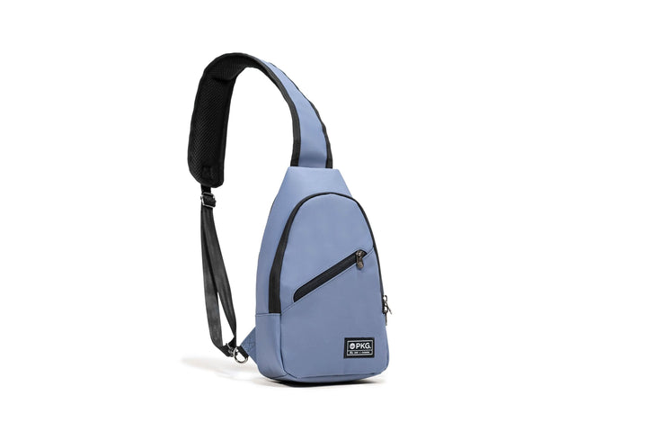 Lightweight Elora Recycled Cross Body pack in soft blue, featuring waterproof material and padded strap, ideal for daily use.