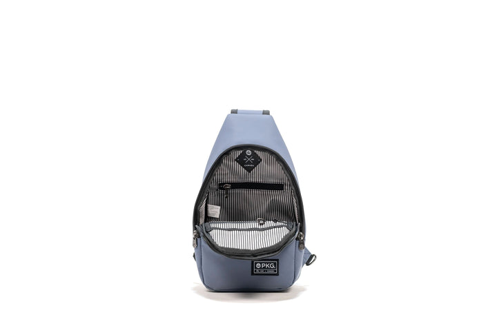 PKG Elora Recycled Cross Body pack, waterproof, padded strap, multiple pockets, matte finish, ideal for daily use.