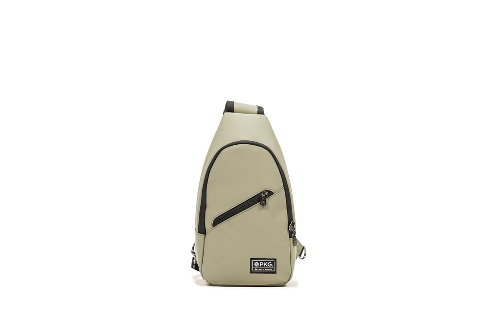 PKG Elora Recycled crossbody bag in light gray, featuring waterproof material and a padded shoulder strap.