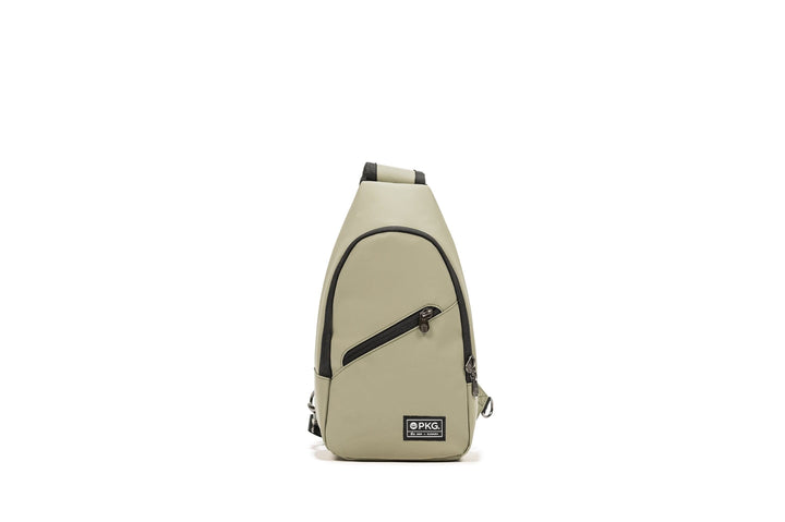PKG Elora Recycled crossbody bag in light gray, featuring waterproof material and a padded shoulder strap.