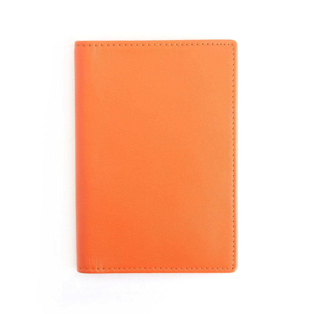 Orange RFID blocking wallet for vaccine card storage, stylish and secure design.
