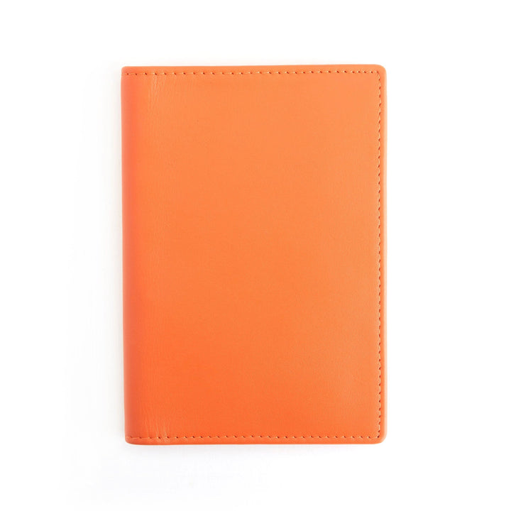 Orange RFID blocking wallet for vaccine card storage, stylish and secure design.