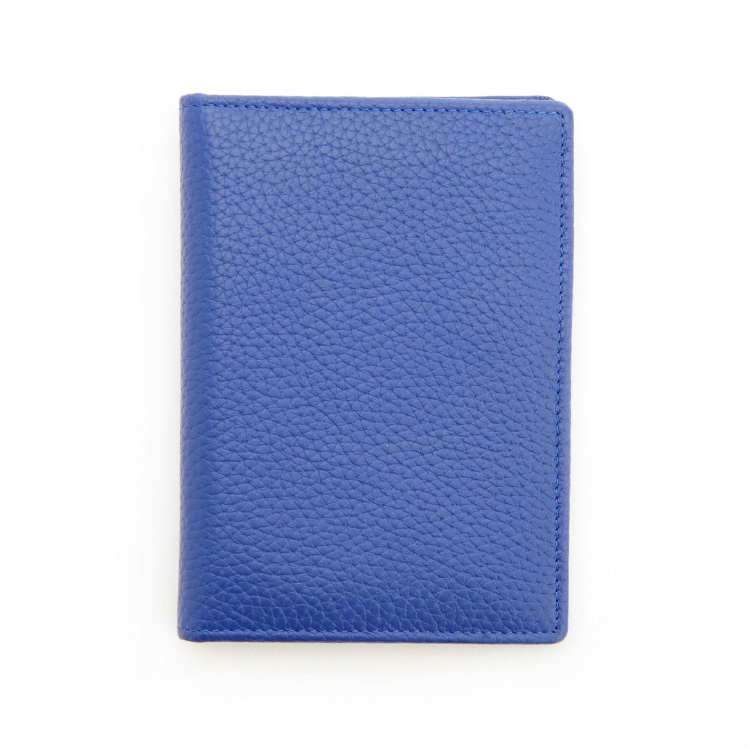 RFID blocking blue vaccine card holder with textured leather finish, designed for stylish document storage.