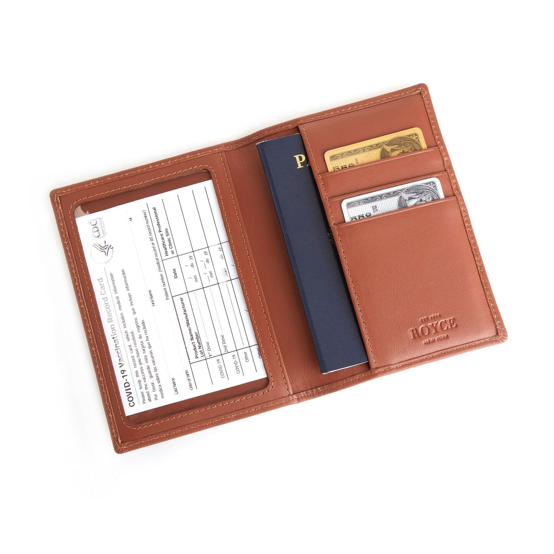 RFID blocking vaccine card wallet with clear pocket for COVID-19 vaccination card, passport, and ID storage in brown leather.