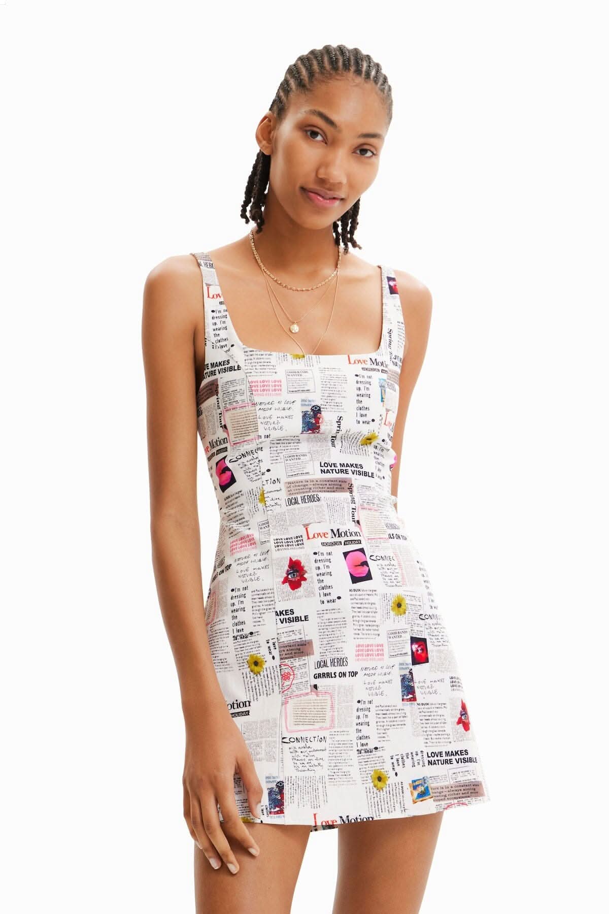 Robe courte en papier journal à bretelles Desigual XL Blanc 